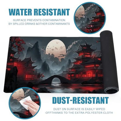 Gaming Mouse Pad, Large Desk Mat, Japanese XL Extended Big Mousepad with Non-Slip Rubber Base Stitched Edges, Laptop Computer Keyboard Mat, Office&Home, 31.5x11.8in - color: Red Moon