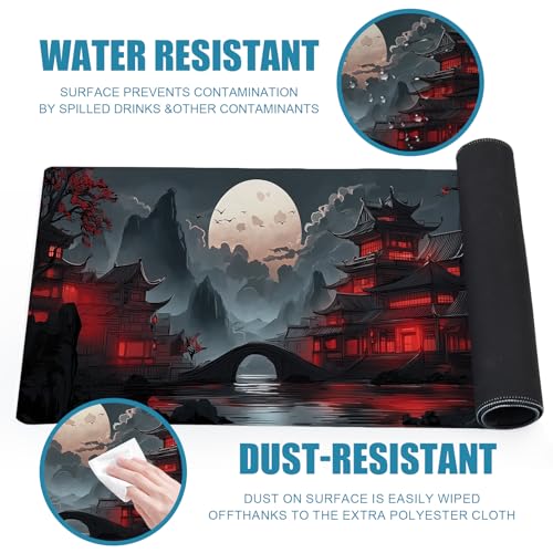 Gaming Mouse Pad, Large Desk Mat, Japanese XL Extended Big Mousepad with Non-Slip Rubber Base Stitched Edges, Laptop Computer Keyboard Mat, Office&Home, 31.5x11.8in - color: Red Moon