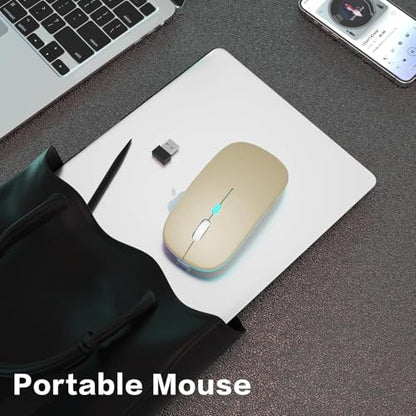 AIKOKOK Wireless Bluetooth Mouse, Rechargeable Dual Mode Mouse, Gold | BT 5.2 & 2.4G USB Receiver, 3 Adjustable DPI,LED Lights,Slim,Silent,Portable Computer Mouse for Laptop,PC,MacBook,iPad,Tablet - color: Gold