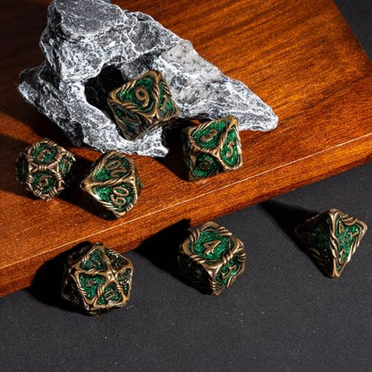 7-Die Metal DND Dice Set Role Playing Dice for RPG Table Games | Vine Design PU Leather Pouch for Dungeons and Dragons - color: Vine-bronze Green
