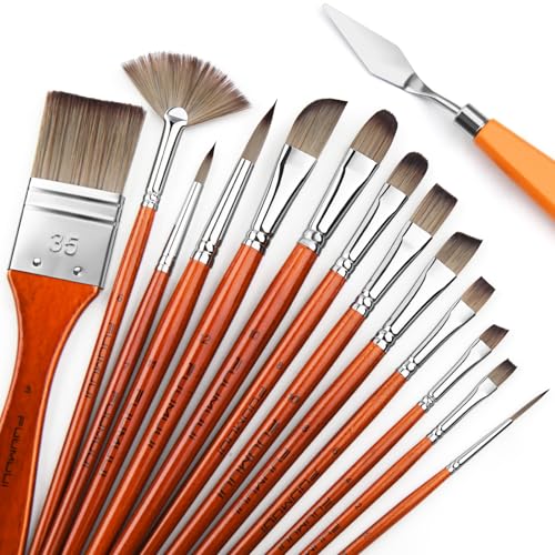 14pcs Acrylic Paint Brushes, Professional Synthetic Bristles Paint Brush Set with Extra Palette Knife - Flat, Filbert, Fan, Dagger, Round, Angle, Rigger Paint Brushes for Oil, Acrylic Canvas Paintings - color: Yellow
