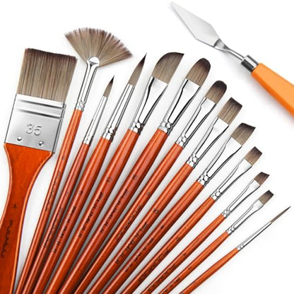 14pcs Acrylic Paint Brushes, Professional Synthetic Bristles Paint Brush Set with Extra Palette Knife - Flat, Filbert, Fan, Dagger, Round, Angle, Rigger Paint Brushes for Oil, Acrylic Canvas Paintings - color: Yellow