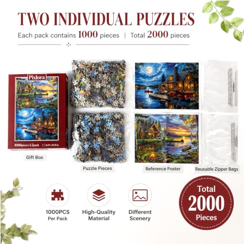 Puzzles for Adults 1000 Pieces, 2 Pack Unique 1000 Piece Lake and Night View Jigsaw Puzzles, Premium Scenic Landscape Puzzles & Nature Theme for Challenging Game Night - style: Lake&Night