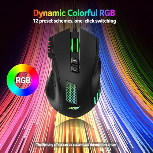 Acer Wired Gaming Mouse, 12,800 DPI RGB Ergonomic Computer Mouse for PC | Optical Sensor, 12 Backlit Modes, 8 Programmable Buttons, Software for DIY Keybinds, Rapid Fire, USB Mouse for Laptop