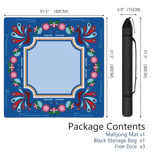 Mahjong Mat for Table with Carrying Bag & 3 Dice, Blue Peacock 31.5"x31.5" Square Rubber Mahjong Table Cover, Non-Slip & Noise Reduction Gaming Mat for Mah Jongg, Poker, Dominoes & Tile Games - color: Royal Blue