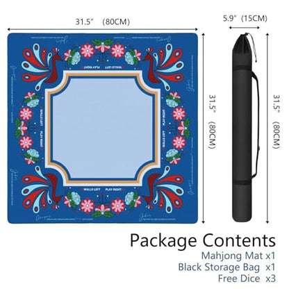 Mahjong Mat for Table with Carrying Bag & 3 Dice, Blue Peacock 31.5"x31.5" Square Rubber Mahjong Table Cover, Non-Slip & Noise Reduction Gaming Mat for Mah Jongg, Poker, Dominoes & Tile Games - color: Royal Blue