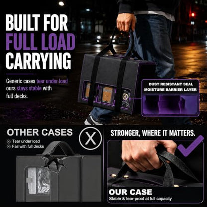 MTG Deck Box for Commander & TCG, Trading Card Storage Box with Handle | 7-in-1 Cards Deck Case with dual-sided windows, 2-layer design, 6 deck case, 1 dice tray, 6 magnetic holders & accessories - color: Super Large - Black Purple