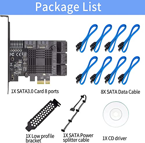 PCIe 8-Port SATA Controller Card (6 Gbps, Compatible with Windows, MAC, Linux) with 8 SATA Cables and Low Profile Bracket - color: PCIE SATA 8 port