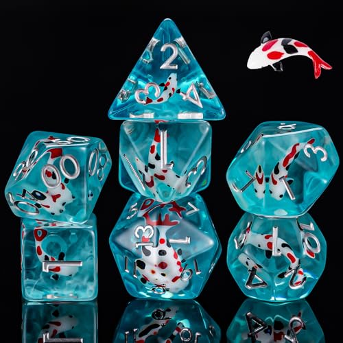 Fish/Animal Resin D&D Dice Set, 7pcs Polyhedral Dice (D4, D6, D8, D10, D12, D20, D%) for Dungeons and Dragons, RPG, MTG, Role Playing Games - color: Black and Red Fish