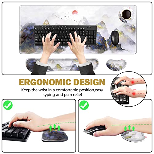 ToLuLu Extended Gaming Mouse Pad, Memory Foam Ergonomic Keyboard Mouse Wrist Rest Support Set, Large Desk Mat with Stitched Edges, Non-Slip Base Mousepad for Home Office Game Study, Ink Mountain - color: Ink Mountain