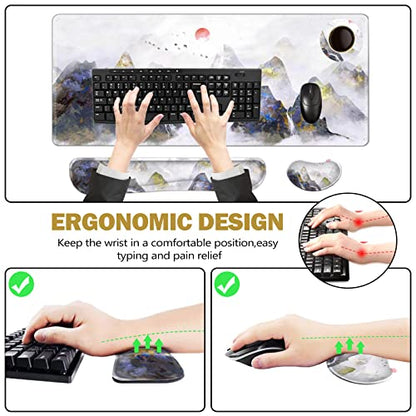 ToLuLu Extended Gaming Mouse Pad, Memory Foam Ergonomic Keyboard Mouse Wrist Rest Support Set, Large Desk Mat with Stitched Edges, Non-Slip Base Mousepad for Home Office Game Study, Ink Mountain - color: Ink Mountain