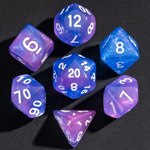 7-Die DND Dice Set Polyhedral Dice Set with a Leather Dice Bag, D&D Dice Set for RPG Table Games (Purple & Blue) - color: Transparent Purple Blue