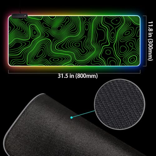 RGB Mouse Pad LED Desk Mat Large Gaming Mousepad Black and Green Line Design, Keyboard Pad XL Mouse Mat for Home and Office - color: Black With Green Topographic Line