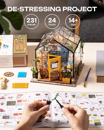 Rolife Greenhouse DIY Miniature Dollhouse Kit Creative Gift for Adults | 1:18 Scale Cathy's Flower House with LED Light, Wooden 3D Puzzle Model Kit, Diorama Craft Set for Home Decor Display