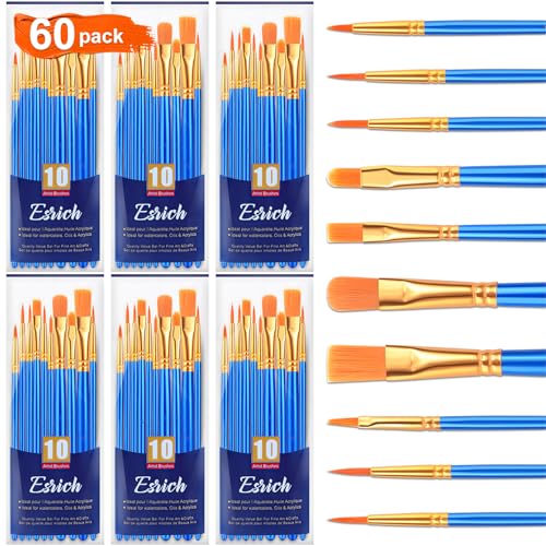 ESRICH Paint Brush Set,6 Packs 60 Pcs Nylon Hair Paint Brushes for Acrylic Painting,Artist Paintbrushes for Acrylic,Oil,Watercolor Painting,Face Nail Art,Paint Brushes for Kids,Blue - color: Blue, size: 60