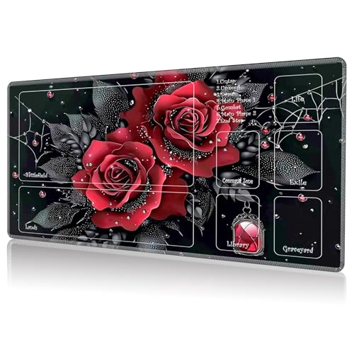 Playmat for MTG, Game Play Mat with Zones for MTG TCG Card Game Playing 24 x 14 inches Trading Card Game Playmats Non-Slip Rubber Base and Stitched Mousepad Desk Mats, Art Red Rose - color: Art Red Rose, size: Zones