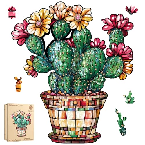 Delobil Stained Glass Cactus Wooden Puzzles for Adults, 200 Pieces Jigsaw Puzzles, Unique Shaped Medium Size Wood Puzzle Gift for Adults and Kids, Family Game 11.3'' x 13.2'' - color: Glass Cactus, size: 200Pcs
