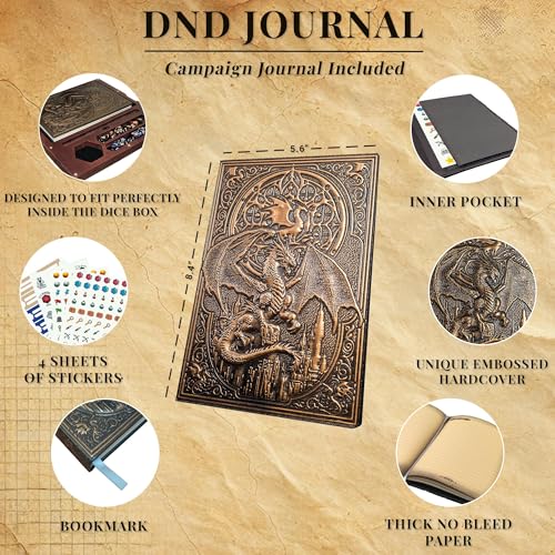 First Reign 3-in-1 DnD Dice Box, DnD Dice Tray & Journal | D&D Starter Set | DnD dice box with double rolling trays & journal | Fits 2 RPG dice sets, mini, pencil (not included) | DnD accessories & gift