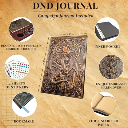 First Reign 3-in-1 DnD Dice Box, DnD Dice Tray & Journal | D&D Starter Set | DnD dice box with double rolling trays & journal | Fits 2 RPG dice sets, mini, pencil (not included) | DnD accessories & gift