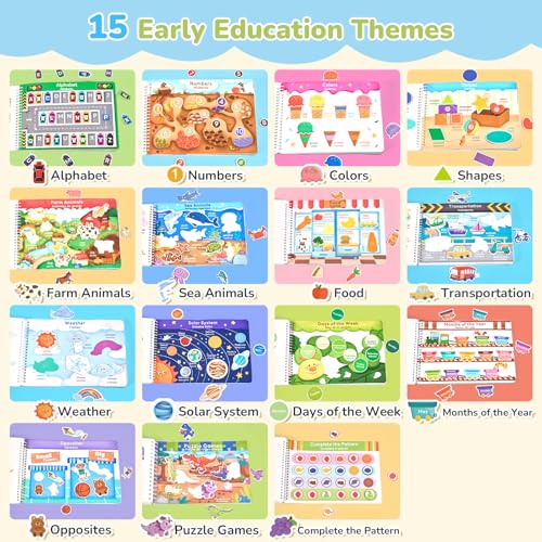 JoyCat Preschool Busy Book for Toddlers Ages 3-5, English and Spanish | 15 reusable themes with letters, numbers, colors and matching as autism learning material for home, class or travel