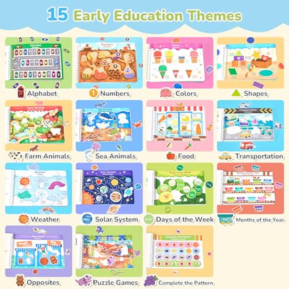 JoyCat Preschool Busy Book for Toddlers Ages 3-5, English and Spanish | 15 reusable themes with letters, numbers, colors and matching as autism learning material for home, class or travel