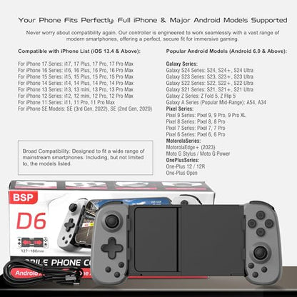 Joso Wireless Phone Controller for iPhone/Android, Mobile Game Controller with Hall Joystick Suitable for Xbox Cloud Gaming, PS Remote Play, Steam Link, Call of Duty & More - Gray - color: Gray | D6