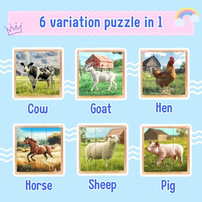 6-in-1 Wooden Animal Puzzle – Montessori Cube Toy for Kids – Realistic Farm Animals Educational Wood Blocks for Toddlers Ages 3–6 - style: Farm Animals