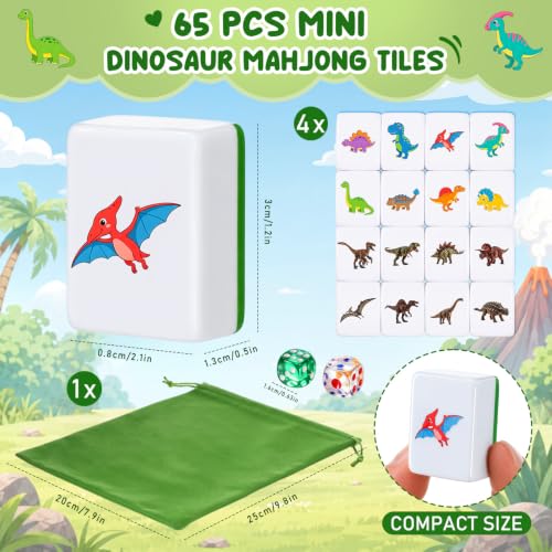 Capoda 2 Players Mahjong Block Set Dinosaur Mahjong Game with 65 Pcs 1.2 inch Green Tiles Mini Travel Tile Game with Dice Portable Bag for Holiday Travel Family Party Nights Supplies - style: Dinosaur