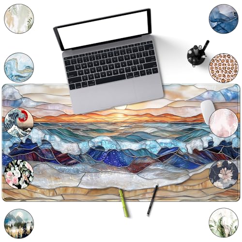 Mountain Sunrise Gaming Mouse Pad Large Desk Mat Extended Mouse and Keyboard Pad, Faux Stained Glass Nature Mousepad with Stitched Edge Mouse Desk Pad Computer Mat Soft Aesthetic Decor 31.5 X 15.7 in - color: D-enamel Beach