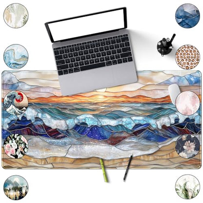Mountain Sunrise Gaming Mouse Pad Large Desk Mat Extended Mouse and Keyboard Pad, Faux Stained Glass Nature Mousepad with Stitched Edge Mouse Desk Pad Computer Mat Soft Aesthetic Decor 31.5 X 15.7 in - color: D-enamel Beach