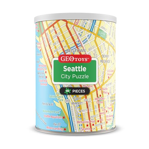 Geotoys Seattle Mini City Puzzle - 100 Piece Puzzles for Kids and Adults in Portable Can, 13" x 10" Educational Travel Puzzle for Ages 7 and Up - Mini Puzzles to Learn & Explore Geography - style: Seattle