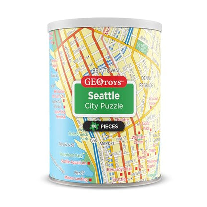 Geotoys Seattle Mini City Puzzle - 100 Piece Puzzles for Kids and Adults in Portable Can, 13" x 10" Educational Travel Puzzle for Ages 7 and Up - Mini Puzzles to Learn & Explore Geography - style: Seattle