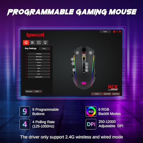 Redragon Wireless Gaming Mouse, Tri-Mode 2.4G/USB-C/Bluetooth Mouse Gaming, 12000 DPI, RGB Backlit, Fully Programmable, Rechargeable Wireless Computer Mouse for Laptop PC Mac, Black - color: Black, style: Bluetooth/ 2.4G/ Wired