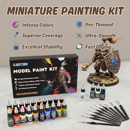 Model Paint Set, 34-Piece Miniature Painting Kit, Ready-to-Spray | 20 Acrylic Paints, 10 Brushes, 3 Primers, 1 Thinner, Complete Hobby Set for Figures & Tabletop Wargaming, Model Car Paint Kit