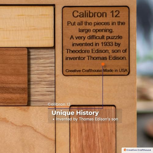 Creative Crafthouse Calibron 12 Impossible Wood Packing Puzzle, Made in USA | Theodore Edison's 1933 design, faithfully reproduced; fit twelve odd rectangles into one solid block, rated 11 out of 10 - style: Calibron 12