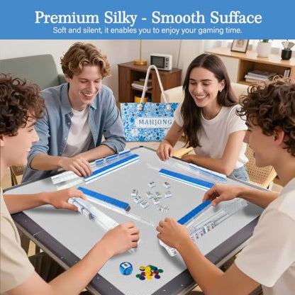 American Mahjong Game Set, Complete Mahjong Set with 160 Premium White Tiles and Mahjong Racks, Bag and Accessories for Family Party (Blue Bag)