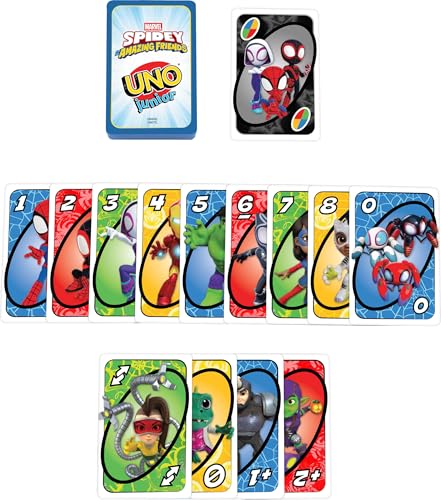 Mattel Games UNO Junior Marvel Spidey and His Amazing Friends Card Game for Kids, Family Nights, Parties for 2-4 Players Ages 3+ - style: Spider-Man