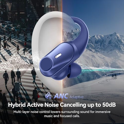 Active Noise Cancelling Ear Buds Wireless Earbuds 80H Playtime Bluetooth Headphones with LED Display Case, Hi-Res Audio Clear Calls Earphones with Over Ear Hooks for Running Gym Workout Travel Blue - color: Blue