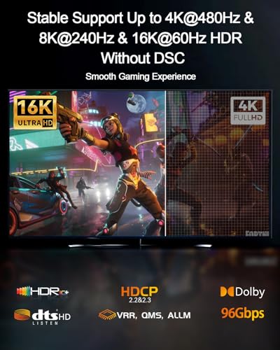 16K HDMI 2.2 Cable [16K@60Hz, 8K@240Hz, 2K/4K@480Hz/240Hz], 96Gbps Ultra High Speed Braided HDMI Cord, HDR10+ eARC HDCP 2.3 2.2 Cables for PS5/PS4/Xbox/Gaming PC/Monitor/Projector/Roku TV, 3FT - size: 3.3 FT 1M
