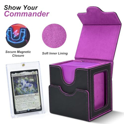 Commander Deck Box for MTG/PTCG/TCG - Patent Pending, Black Purple | Card Deck Box with Display Fits 100+ Double-Sleeved Cards, Magnetic Trading Card Box with Dice Tray & 35PT Card Holder - color: Black Purple