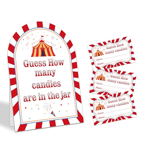 Carnival Guess How Many Candies Are In The Jar Game Set, 50 Guess Cards With 1 Standing Sign, Circus Theme Baby Shower Game Kit, Neutral Gender Reveal Party Decor & Activity Supplies - A10 - color: Circus