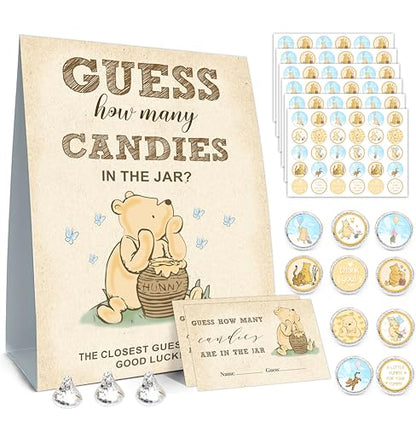 ALodr Winnie Guess How Many Candies Baby Shower Games, Includes ‘Guess How Many Candies’ Standing Sign, 50 Guest Guess Cards & 180 Stickers, Baby Shower Party Decorations Supplies - color: Winnie 01