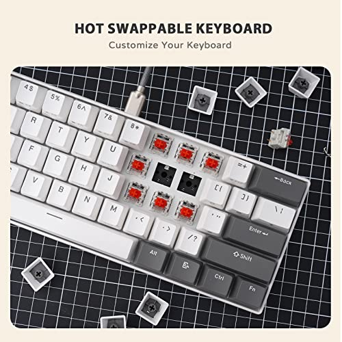 iLovBee i61 Mechanical Keyboard 60 Percent, Wired RGB Gaming Keyboard, 61 Keys Compact Mini Custom Keyboards for PC/Mac Gamer, Hot Swappable Linear Red Switch, Grey and White