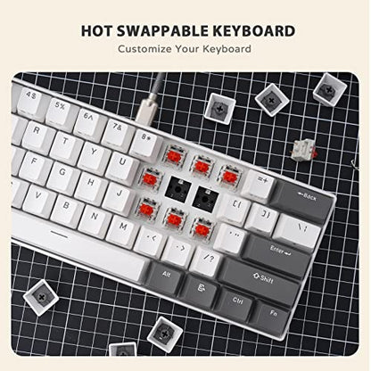 iLovBee i61 Mechanical Keyboard 60 Percent, Wired RGB Gaming Keyboard, 61 Keys Compact Mini Custom Keyboards for PC/Mac Gamer, Hot Swappable Linear Red Switch, Grey and White