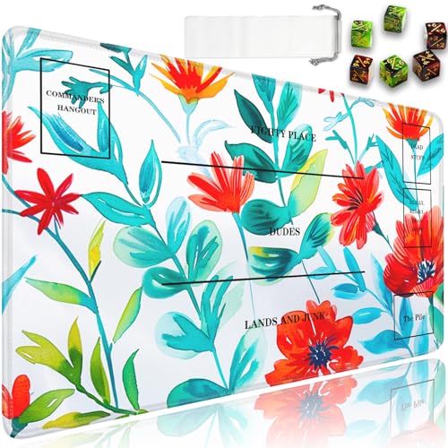 JVGFYNKL for MTG Playmat, 24 x 14 in for TCG Playmat with Zones,Trading Card Game Playmats with Storage Bag and 6 Dice, for MTG Table Mat Card Accessories, Red Flowers White Pattern - color: JV-Playmat-5K-4-F144