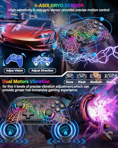 Switch Controller Compatible with Nintendo Switch/Switch Lite/OLED/PC | Programmable Wireless Switch Controller with 10 LED Light, 6-Axis Motion, Turbo, Vibration, One-Key Wake Up & Pairing, Black - color: black