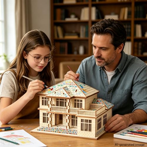 3D Wooden Puzzle for Adults, Villa Model Kit, DIY Building Puzzle | Miniature building kit, home office decor, stress relief craft, screen-free hobby, gift for friends/teens/DIY lovers - style: Two Layers
