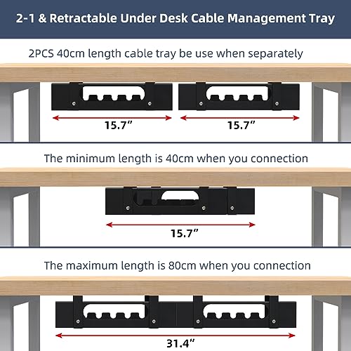 2 Pack Cable Management Under Desk Tray,Adjustable Length(15.7”-31.4”) Large Cord Organizer for Wire Management Tray,Under Table Cord Wire Organizer for Home,Office,Computer Desk