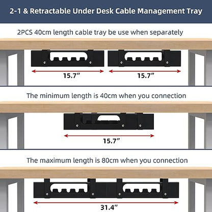 2 Pack Cable Management Under Desk Tray,Adjustable Length(15.7”-31.4”) Large Cord Organizer for Wire Management Tray,Under Table Cord Wire Organizer for Home,Office,Computer Desk