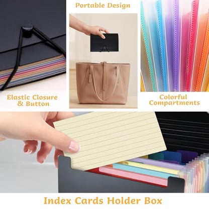 4x6 Index Card Holder Box Flash Note Card Organizer with Dividers | 3x5 Inch Flashcard Notecard Storage Case File Box with 13 Expandable Pockets Large Capacity Recipe Coupon Sticker Organizer